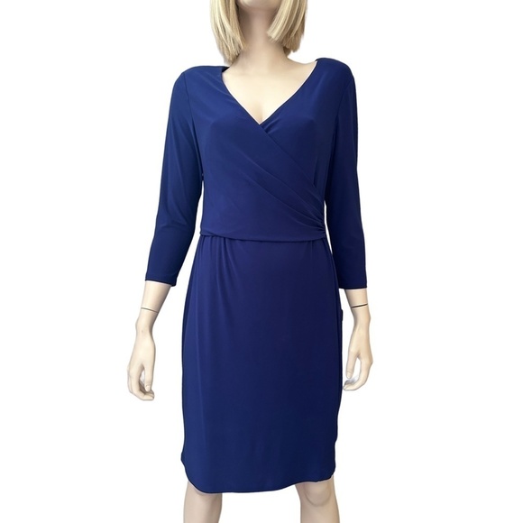 Ralph Lauren Dress Surplice Jersey Ruching ΒΎ Sleeve Cross Over Plunge Neck - Picture 3 of 15